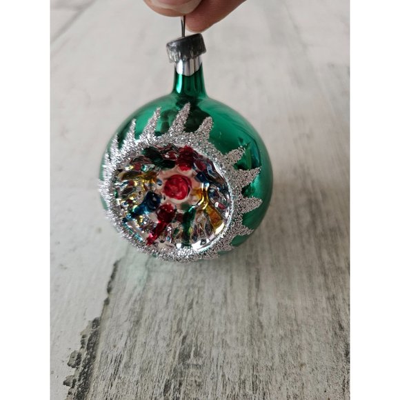 Vintage indent green silver glitter ball ornament reflector Xmas tree - Picture 1 of 9